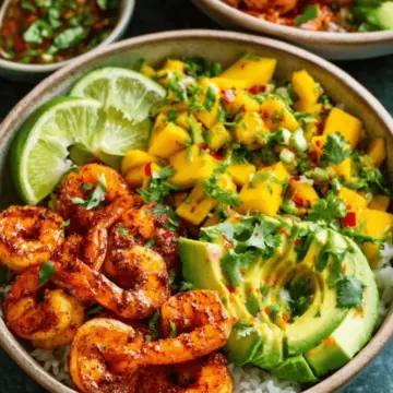 Shrimp and Avocado Bowls with Mango Salsa & Lime-Chili Sauce