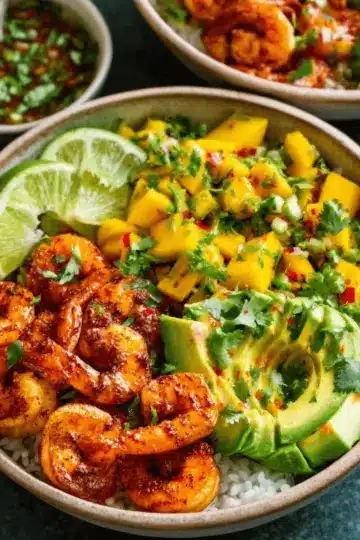 Shrimp and Avocado Bowls with Mango Salsa & Lime-Chili Sauce