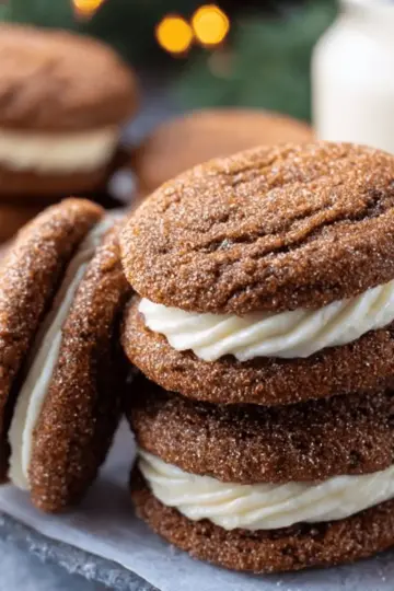 Ginger Molasses Sandwich Cookies with Eggnog Frosting