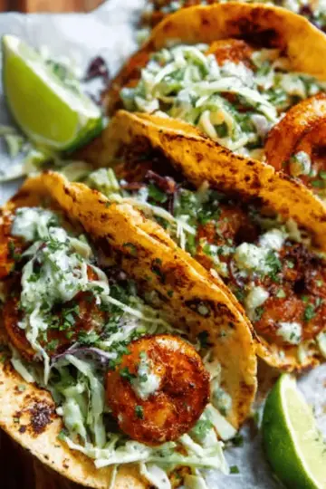 Spicy Shrimp Tacos with Garlic Cilantro Lime Slaw