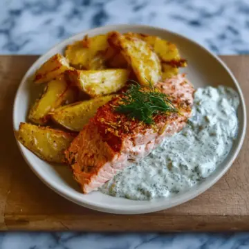 Dill salmon with potato wedges and a creamy pickle and dill sauce