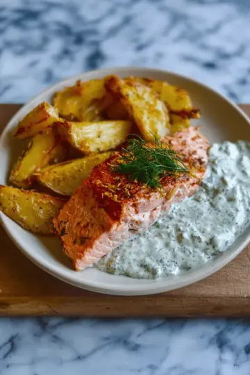 Dill salmon with potato wedges and a creamy pickle and dill sauce