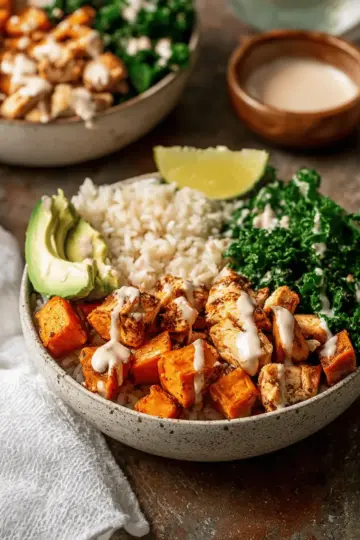 Roasted Sweet Potato, Chicken, Kale, and Rice Bowls for Two