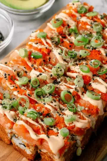 Easy Salmon Sushi Bake with Creamy Spicy Mayo