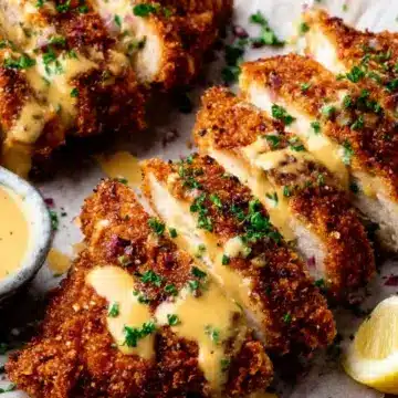 Pretzel Crusted Chicken with Cheddar-Mustard Sauce