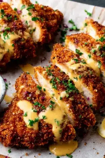 Pretzel Crusted Chicken with Cheddar-Mustard Sauce