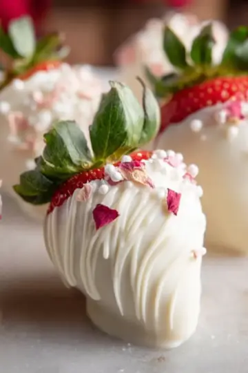WHITE CHOCOLATE AND ROSE COVERED STRAWBERRIES