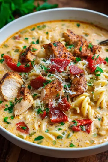Creamy Parmesan Cajun Chicken Pasta Soup