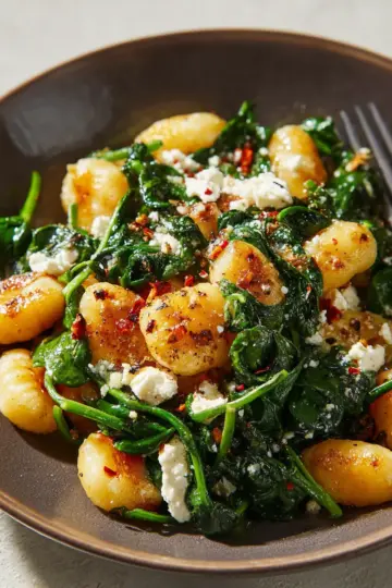 Crispy Gnocchi With Spinach and Feta