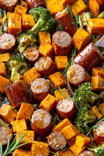 Sheet Pan Sausage and Sweet Potatoes with Honey Garlic Sauce
