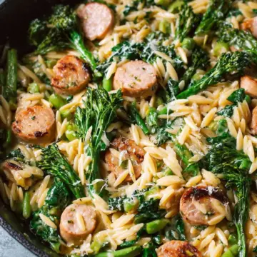 Broccolini, Chicken Sausage, and Orzo Skillet