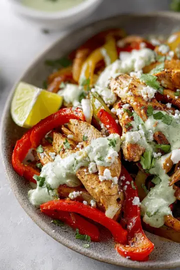 Skillet Chicken Fajitas with Creamy Jalapeño Verde Sauce.