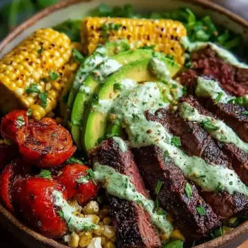 Steak, Avocado, and Roasted Corn Bowl with Cilantro Cream Sauce