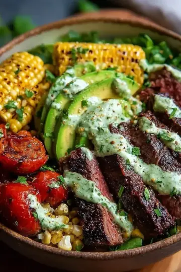 Steak, Avocado, and Roasted Corn Bowl with Cilantro Cream Sauce