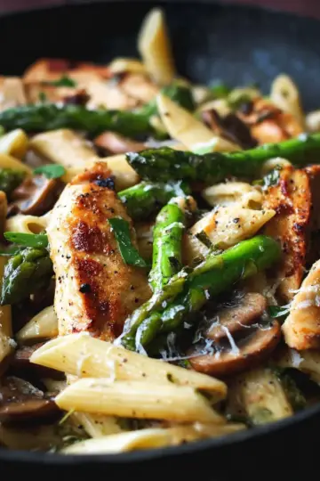 Garlic Chicken Mushroom and Asparagus Penne