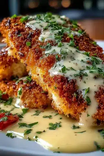 Parmesan Crusted Chicken with Creamy Garlic Sauce