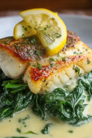 Lemon-Garlic Sea Bass with Creamed Spinach
