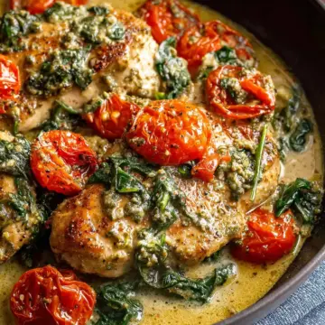 Creamy Pesto Chicken with Roasted Tomatoes & Spinach