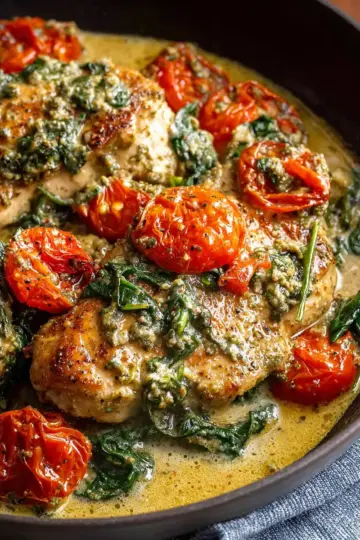 Creamy Pesto Chicken with Roasted Tomatoes & Spinach