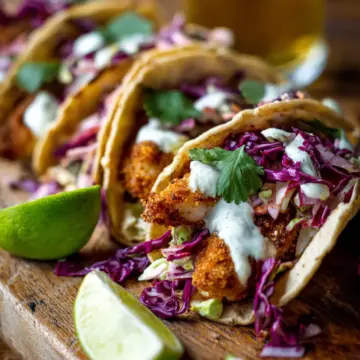 Crispy Baked Fish Tacos with Creamy Cilantro Lime Slaw