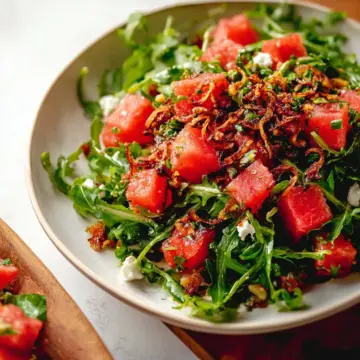 Watermelon Arugula Salad with Crispy Shallots