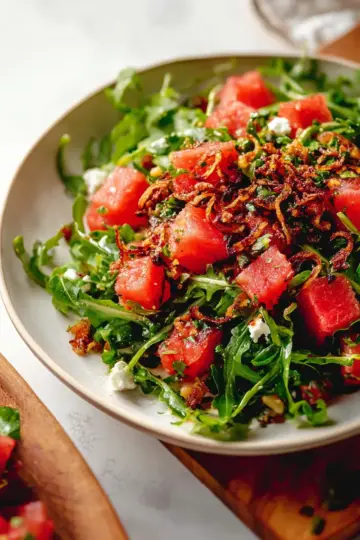 Watermelon Arugula Salad with Crispy Shallots
