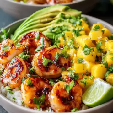 Shrimp and Avocado Bowls with Mango Salsa & Lime-Chili Sauce