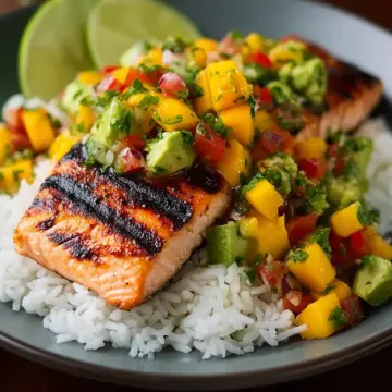 Grilled Lime Salmon with Avocado Mango Salsa and Coconut Rice