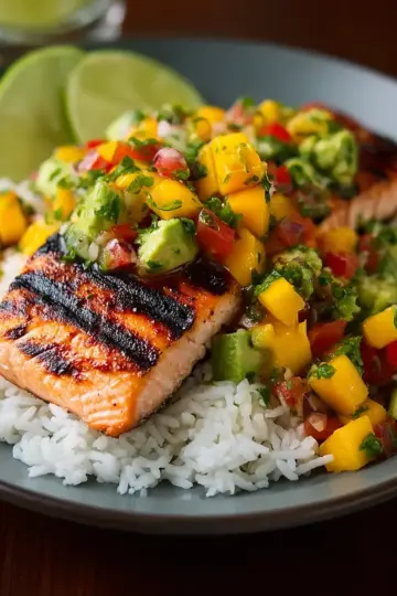 Grilled Lime Salmon with Avocado Mango Salsa and Coconut Rice