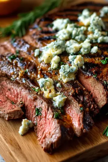 Garlic Rosemary Grilled Flank Steak with Blue Cheese Butter
