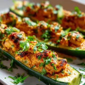 Butter Chicken Stuffed Zucchini Boats with Fresh Herbs Recipe