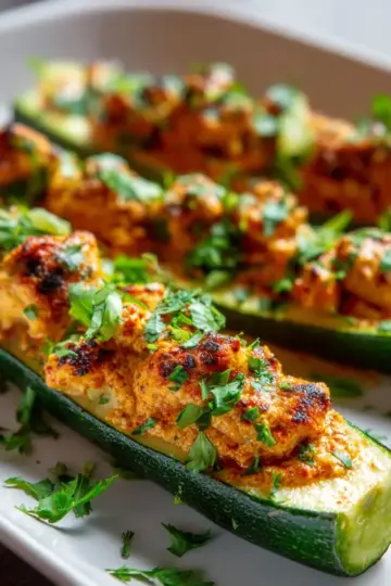 Butter Chicken Stuffed Zucchini Boats with Fresh Herbs Recipe