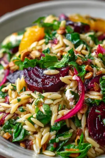 Warm Orzo Salad with Beets & Greens